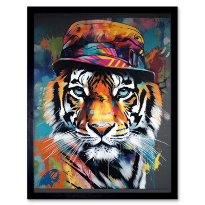 Artery8 Framed Wall Art Tiger Wearing A Bucket Hat Vibrant Multicoloured12X16 Inch from B&Q