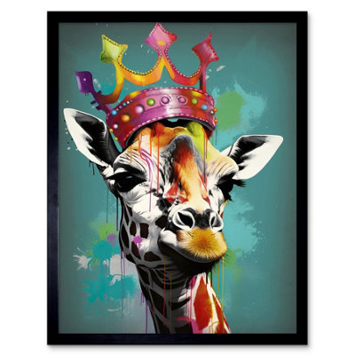Artery8 Framed Wall Art Giraffe Wearing Rainbow Crown King Queen Pop12X16 Inch from B&Q