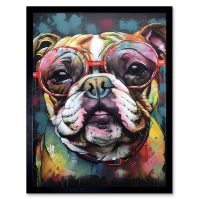 B&Q -  Framed Wall Art English Bulldog Wearing Sunglasses Modern Detailed12X16 Inch