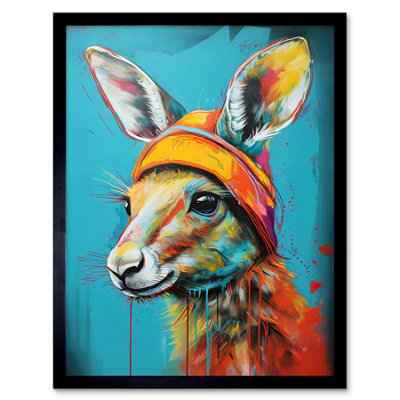 Artery8 Framed Wall Art Baby Kangaroo Joey Wearing Hat Teal And Orange12X16 Inch