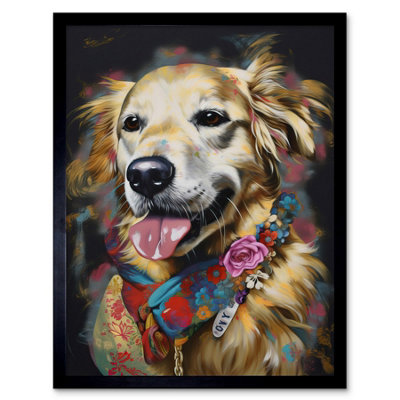 B&Q -  Framed Wall Art Golden Retriever Dog With Floral Bandana Collar12X16 Inch