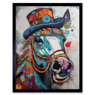 Artery8 Framed Wall Art Horse Hippie In Multicoloured Bridles And Top Hat12X16 Inch