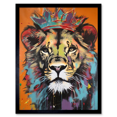 B&Q -  Framed Wall Art Lion Wearing Crown Jungle King Animal Portrait12X16 Inch