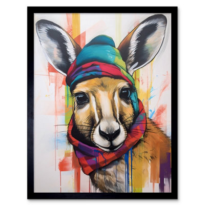 Artery8 Framed Wall Art Kangaroo Wearing Colourful Winter Hat And Scarf12X16 Inch