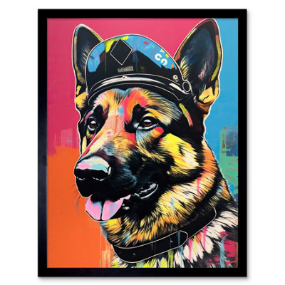 B&Q -  Framed Wall Art German Shepherd Wearing Police Hat Modern Pop12X16 Inch