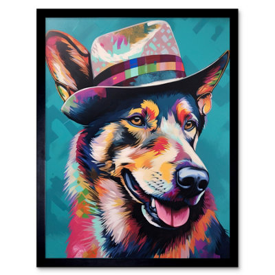 Artery8 Framed Wall Art German Shepherd With Fedora Hat Vibrant Portrait12X16 Inch from B&Q