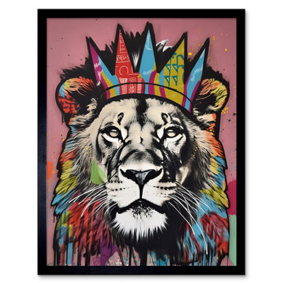 B&Q -  Framed Wall Art Lion With Crown King Of The Jungle Modern Pop12X16 Inch