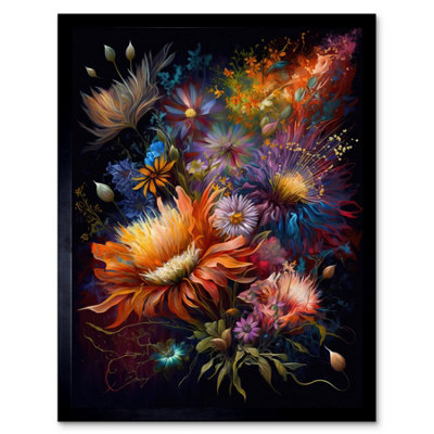 B&Q -  Framed Wall Art Wildflower Bouquet Pink Blue Orange Floral12X16 Inch
