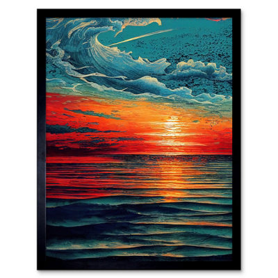 Artery8 Seascape Scarlet Sunrise Fiery Horizon Clouds 12X16" Framed Wall Art Print from B&Q