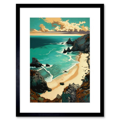 Artery8 Wall Art Print Porthcurno Sandy Beach Cliffs Coastal Landscape Artwork Framed 9X7 Inch from B&Q
