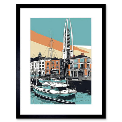 Artery8 Wall Art Print Portsmouth Historic Dockyard Modern Linocut Style Artwork Framed 9X7 Inch from B&Q