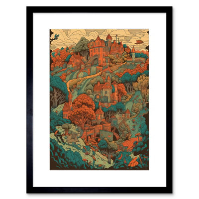 Artery8 Wall Art Print Village In Forest Coral And Teal Blue Artwork Framed 9X7 Inch from B&Q
