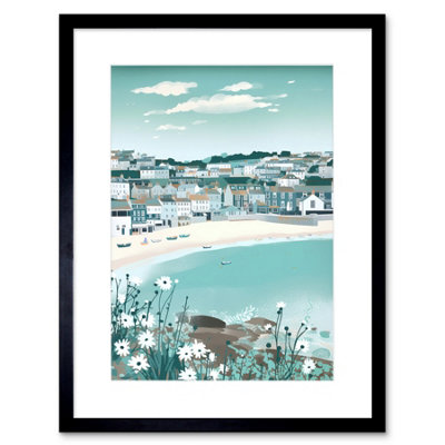 Artery8 Wall Art Print St Ives Bay Daisies Soft Pastel Coastal Cityscape Artwork Framed 9X7 Inch from B&Q