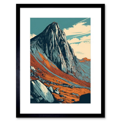 Artery8 Wall Art Print Tryfan Mountain Peak Landscape Teal Brown Linocut Artwork Framed 9X7 Inch from B&Q