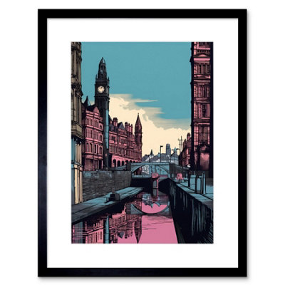 Artery8 Wall Art Print Leeds Canal Cityscape Pink And Teal Artwork Framed 9X7 Inch from B&Q