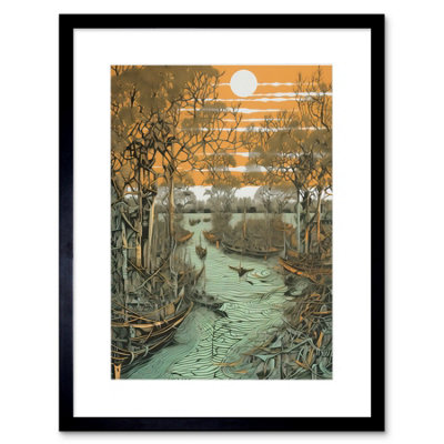 B&Q -  Wall Art Print Mangrove Forest Swamp Landscape Linocut Style Artwork Framed 9X7 Inch