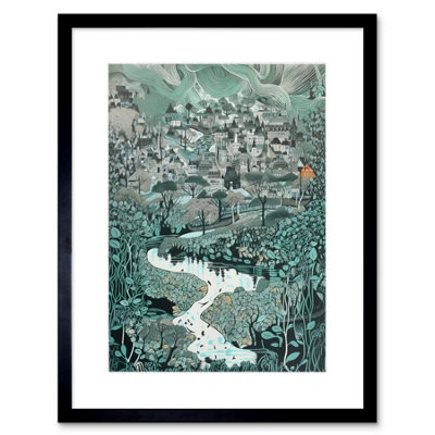 Artery8 Wall Art Print Village Near River Forest Landscape Blue Linocut Artwork Framed 9X7 Inch from B&Q