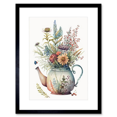 Artery8 Wall Art Print Wildflower Floral Bouquet In China Pattern Teapot Artwork Framed 9X7 Inch from B&Q