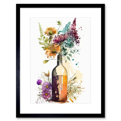 Artery8 Wall Art Print Spring Wildflower Bouquet In A Glass Wine Bottle Artwork Framed 9X7 Inch from B&Q