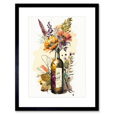 B&Q -  Wall Art Print Wildflower Bouquet In Upcycled Glass Wine Bottle Artwork Framed 9X7 Inch