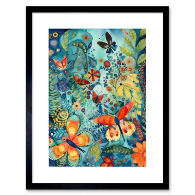 Artery8 Wall Art Print Butterfly Insects In Flower Field Modern Folk Artwork Framed 9X7 Inch from B&Q