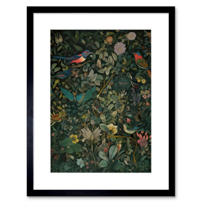 Artery8 Wall Art Print Butterflies And Birds On Flowering Shrub Folk Artwork Framed 9X7 Inch from B&Q