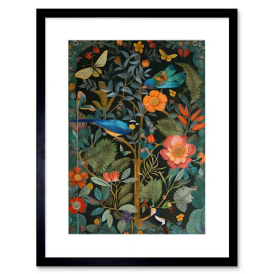 B&Q -  Wall Art Print Birds And Butterflies Modern Flower Art Nouveau Artwork Framed 9X7 Inch