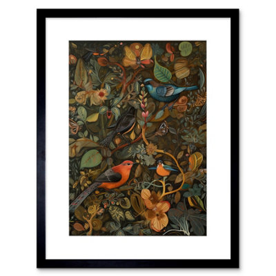 Artery8 Wall Art Print Birds And Butterflies On Autumnal Tree Folk Artwork Framed 9X7 Inch from B&Q