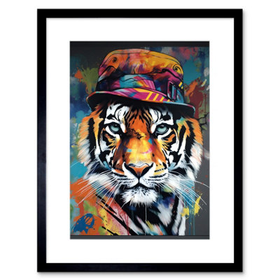 Artery8 Wall Art Print Tiger Wearing A Bucket Hat Vibrant Multicoloured Artwork Framed 9X7 Inch from B&Q