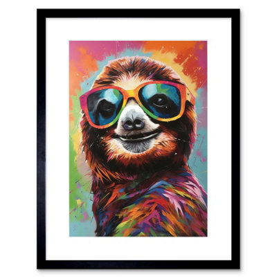 Artery8 Wall Art Print Multicoloured Smiling Sloth Wearing Sunglasses Artwork Framed 9X7 Inch from B&Q