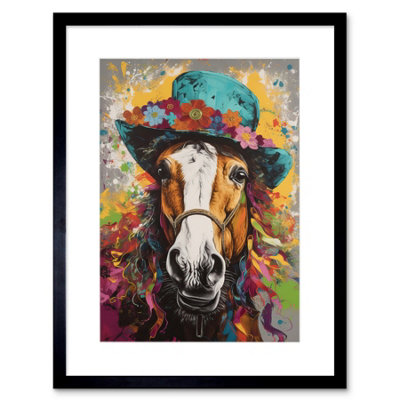Artery8 Wall Art Print Horse Wearing A Flower Summer Hat Multicoloured Artwork Framed 9X7 Inch from B&Q