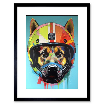 Artery8 Wall Art Print German Shepherd Wearing Motorbike Helmet Pop Artwork Framed 9X7 Inch from B&Q