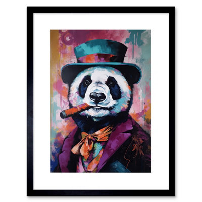 Artery8 Wall Art Print Panda Portrait With Purple Suit Top Hat And Cigar Artwork Framed 9X7 Inch from B&Q