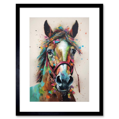 Artery8 Wall Art Print Horse Multicoloured Splatter And Oil Painting Artwork Framed 9X7 Inch from B&Q