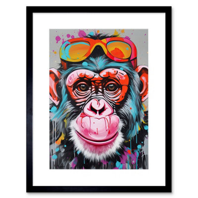 Artery8 Wall Art Print Chimpanzee Monkey With Sunglasses Graffiti Pop Artwork Framed 9X7 Inch from B&Q