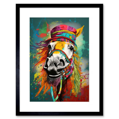 Artery8 Wall Art Print Hippie Horse With Multicoloured Hat And Bridles Artwork Framed 9X7 Inch from B&Q