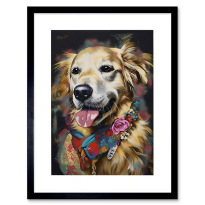 Artery8 Wall Art Print Golden Retriever Dog With Floral Bandana Collar Artwork Framed 9X7 Inch from B&Q