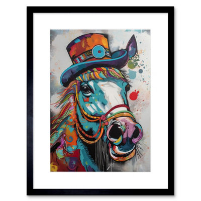 Artery8 Wall Art Print Horse Hippie In Multicoloured Bridles And Top Hat Artwork Framed 9X7 Inch from B&Q