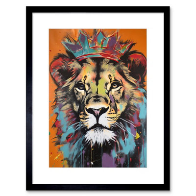 B&Q -  Wall Art Print Lion Wearing Crown Jungle King Animal Portrait Artwork Framed 9X7 Inch