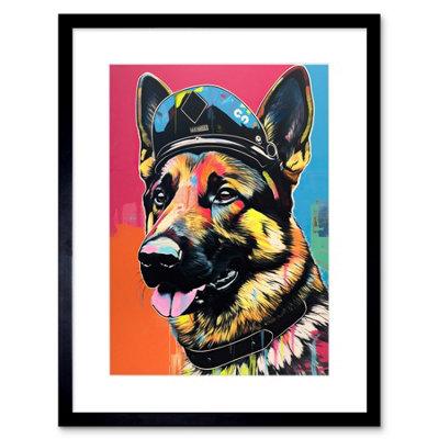 Artery8 Wall Art Print German Shepherd Wearing Police Hat Modern Pop Artwork Framed 9X7 Inch from B&Q