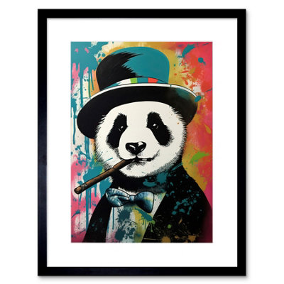 Artery8 Wall Art Print Panda Bear Wearing Blue Top Hat Suit Smoking Cigar Artwork Framed 9X7 Inch from B&Q