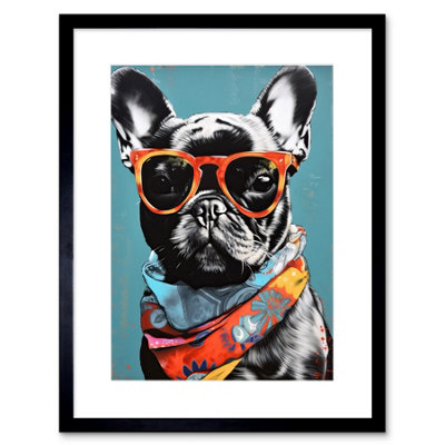 Artery8 Wall Art Print English Bulldog Wearing Bandana And Sunglasses Artwork Framed 9X7 Inch from B&Q