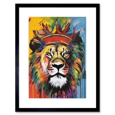 B&Q -  Wall Art Print King Of The Jungle Lion With Crown Modern Pop Artwork Framed 9X7 Inch