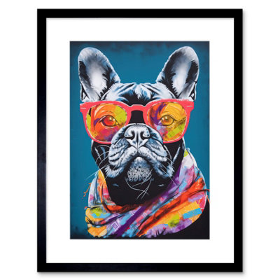 Artery8 Wall Art Print English Bulldog With Neon Bandana And Sunglasses Artwork Framed 9X7 Inch from B&Q