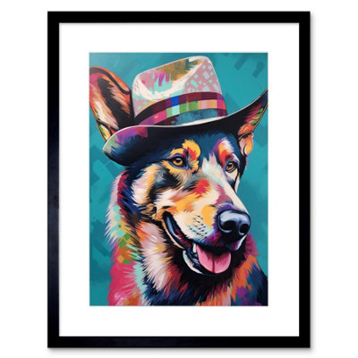 Artery8 Wall Art Print German Shepherd With Fedora Hat Vibrant Portrait Artwork Framed 9X7 Inch from B&Q