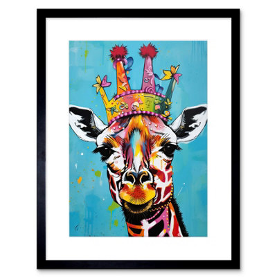 Artery8 Wall Art Print Giraffe Wearing Princess Crown Modern Folk Artwork Framed 9X7 Inch from B&Q