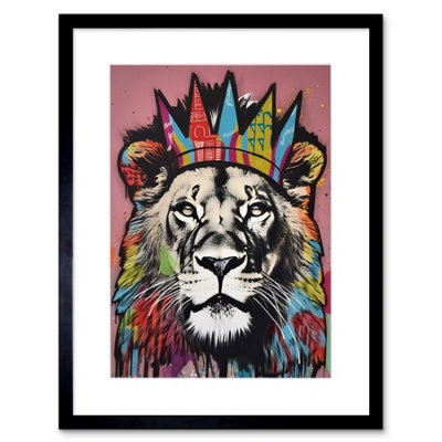 B&Q -  Wall Art Print Lion With Crown King Of The Jungle Modern Pop Artwork Framed 9X7 Inch