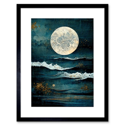 B&Q -  Wall Art Print Large Full Moon Seascape Golden Algae Wave Foam Artwork Framed 9X7 Inch