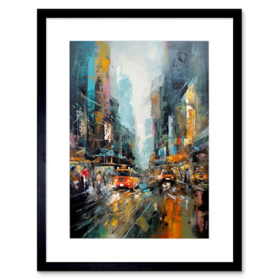 B&Q -  Wall Art Print New York City Rainy Day Abstract Action Cityscape Artwork Framed 9X7 Inch