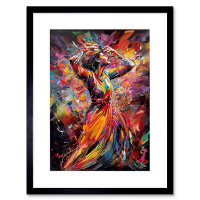 Artery8 Wall Art Print Happy Woman Dancing To Music Modern Vibrant Colour Artwork Framed 9X7 Inch from B&Q